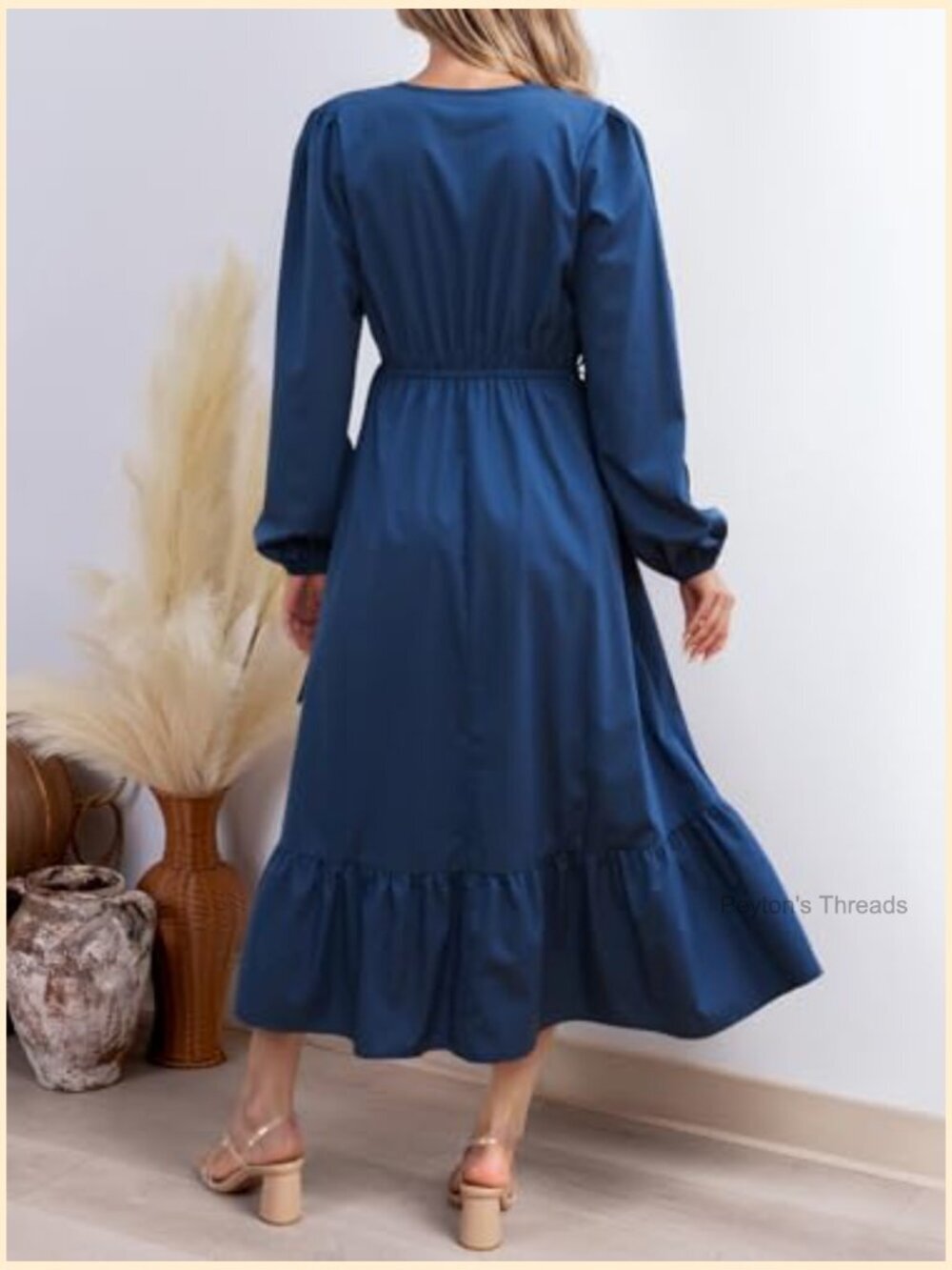 Long Sleeve V Neck A Line Tunic Waist Ruffled Maxi Party Dress - Picture 3 of 5